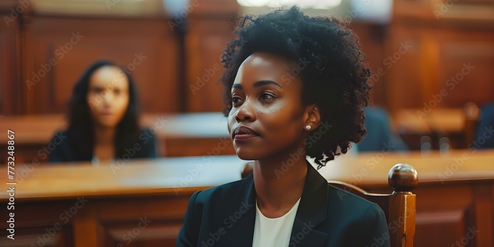 A Black female lawyer zealously advocates for defendants' rights in court before a judge and jury. Concept Lawyer, Advocacy, Defender, Justice, Courtroom - obrazy, fototapety, plakaty 