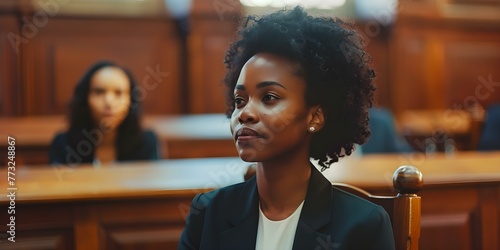 A Black female lawyer zealously advocates for defendants' rights in court before a judge and jury. Concept Lawyer, Advocacy, Defender, Justice, Courtroom © Anastasiia
