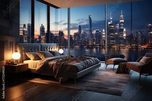 Luxury bedroom with night city view