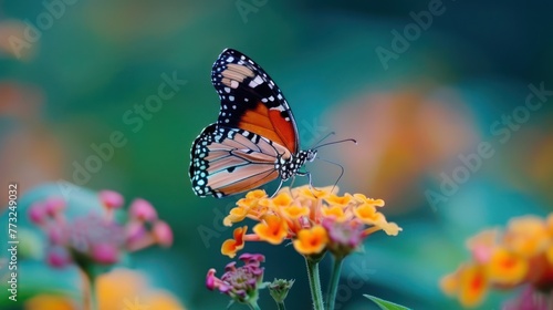 A close-up of a butterfly perched on a freshly bloomed flower.