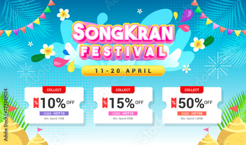 Songkran festival coupon template vector illustration. Thai New Year Holidays Sale