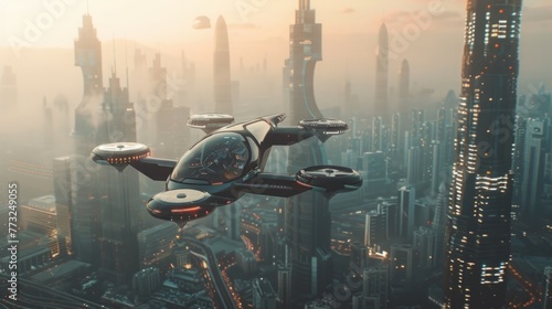 Futuristic City With Flying Vehicle