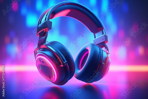 Headphones in a neon light background.  A close-up view of a headset in a podcasting studio with a neon LED lighting background. Concept of music and entertainment. Generative AI