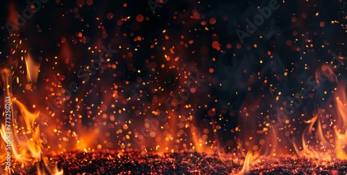 Fire flames with sparks on black background, burning fire texture, flame banner template Generative AI photo