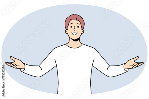 Excited man with open arms feel overjoyed enjoying success or win. Happy male celebrate victory feeling successful and fascinated. Vector illustration. 