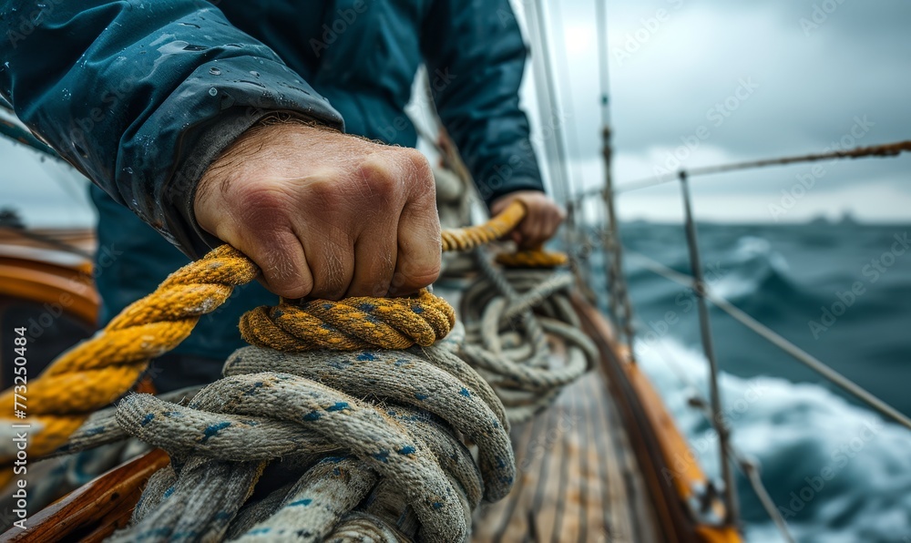 Obraz premium fisherman relaxed moment on a sailboat, hands coiling a rope, details of the weathered deck and the sea beyond