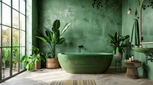 A tranquil, green-themed bathroom featuring lush plants and a freestanding tub