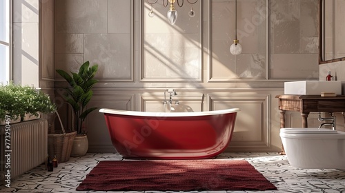 Elegant bathroom with a red freestanding bathtub