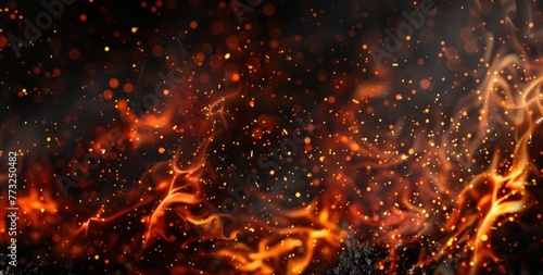 Fire flames texture with sparks on black background, burning fire wall banner design template Generative AI
