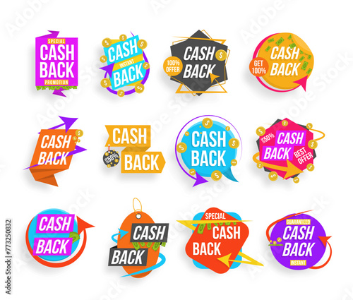 Money return label, shop sale offers and cash back banner. Golden coins in wallet set. Vector Illustration of money back for promotion, sales, discounts. Colorful sticker on white background.