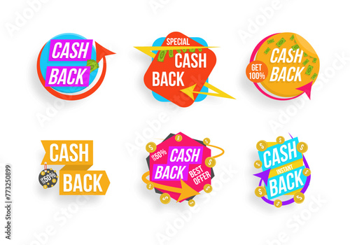 Money return label, shop sale offers and cash back banner. Golden coins in wallet set. Vector Illustration of money back for promotion, sales, discounts. Colorful sticker on white background.