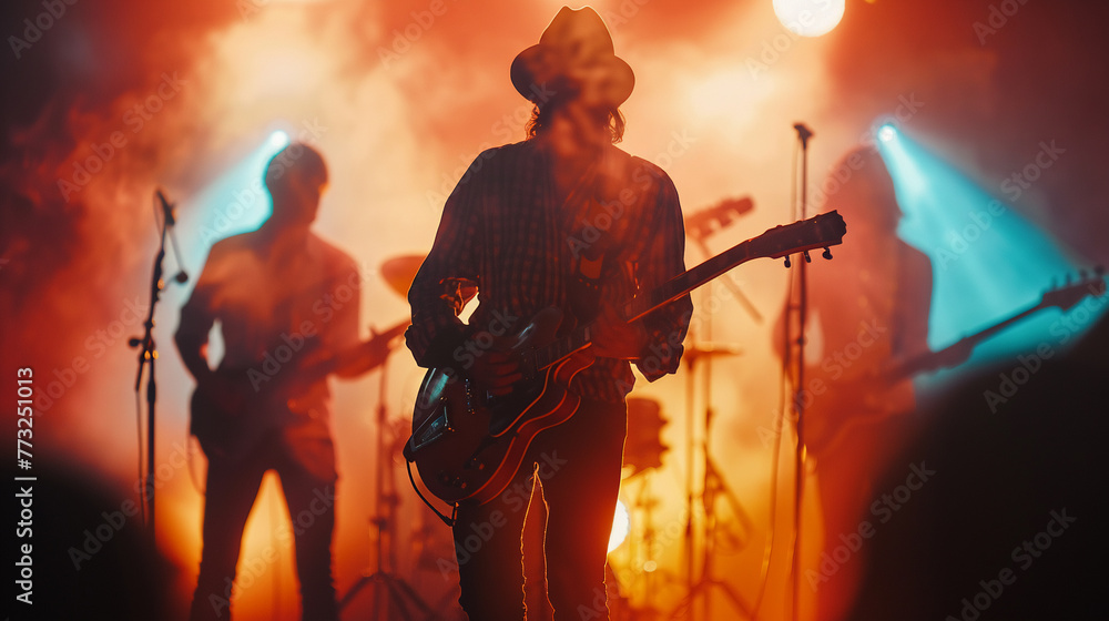 On a concert stage, a music band captivates the audience, with the guitarist taking center stage, set against a backdrop that's soft and blurred, enhancing the overall dreamy, immersive concept.