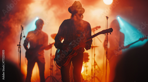 On a concert stage, a music band captivates the audience, with the guitarist taking center stage, set against a backdrop that's soft and blurred, enhancing the overall dreamy, immersive concept.