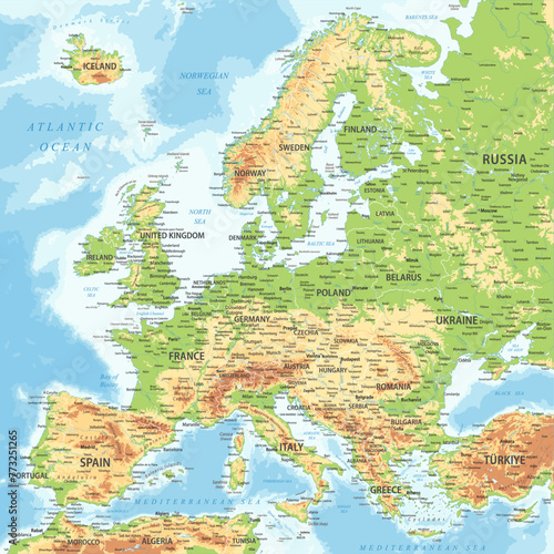Europe - Highly Detailed Topographic Relief Vector Map of the Europe. Ideally for the Print Posters
