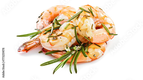 Shrimp with rosemary on a white background.
