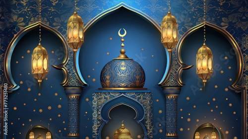 Ramadan kareem greeting card design with blue gold mandala. Ramadan kareem background , Eid Mubarak illustration. Ramadan Kareem greeting cards