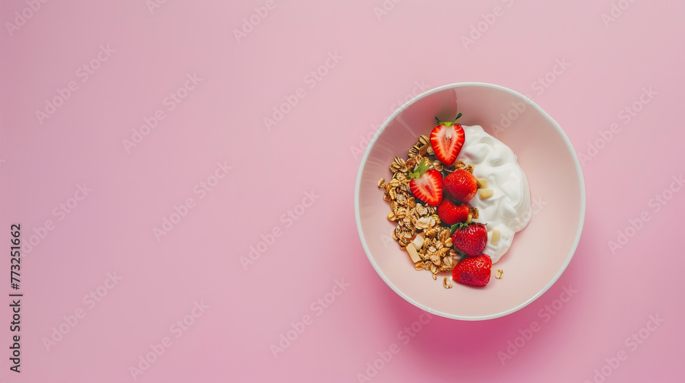 Oatmeal with cream and strawberries in a bowl on a pink background.
Oatmeal with cream and strawberries in a bowl on a pink background.