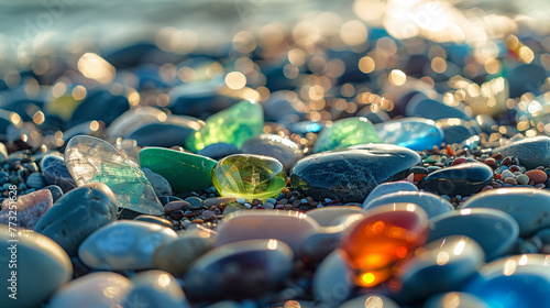 On the beach, a beautiful assortment of colorful gemstones, green and blue sea glass, and multi-colored pebbles lies scattered, their polished textures glinting in the sunlight. 
