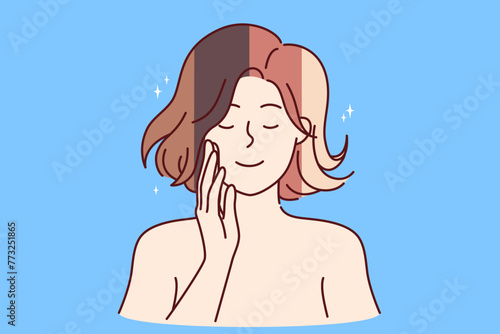 Woman with multi-colored hairstyle is considering changing image and choosing new hair dye. Young girl with happy face and bare shoulders wants to change hair color to become more beautiful.