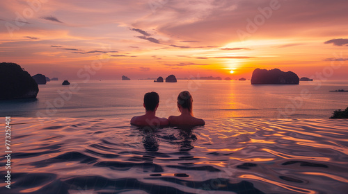Amidst a romantic vacation, a couple perches on the edge of an infinity pool at a luxurious resort, gazing out at the breathtaking sunset over the vast ocean © Pillow Productions