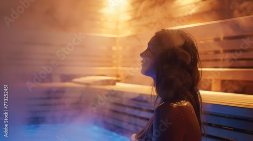 A woman enjoying a sauna session for relaxation and detoxification.