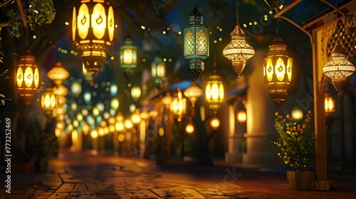 Graceful ketupat and lantern lights beautifully adorned with calligraphy ai image photo