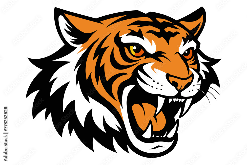 head of tiger with open mouth and sharp teeth, isolated on clear white background head of tiger with open mouth and sharp teeth, isolated on clear white background