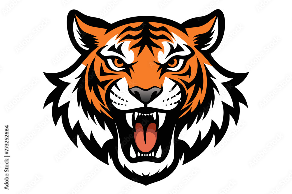 head of tiger with open mouth and sharp teeth, isolated on clear white background head of tiger with open mouth and sharp teeth, isolated on clear white background