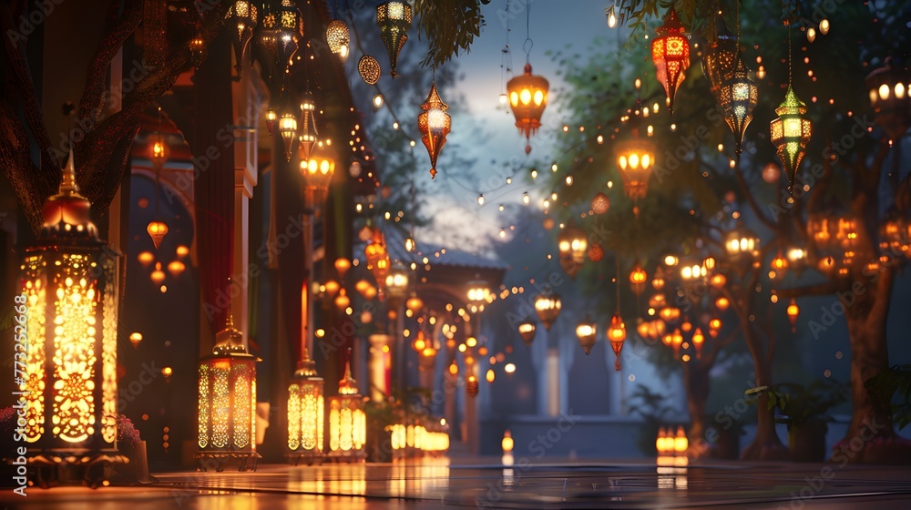 Charming ketupat and lantern lights adorned with elegant calligraphy ai image