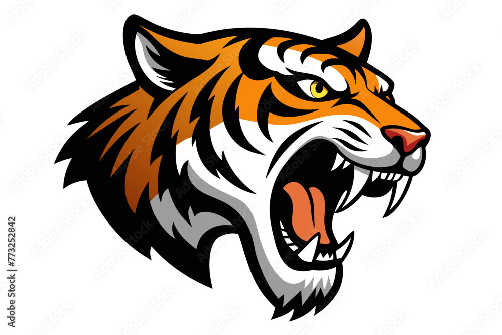 head of tiger with open mouth and sharp teeth, isolated on clear white background head of tiger with open mouth and sharp teeth, isolated on clear white background