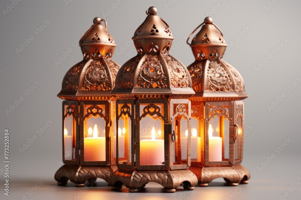 Arabic lanterns glowing isolated on white background