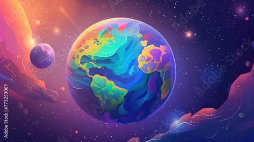 A vibrant illustration of a fantastical planet in space