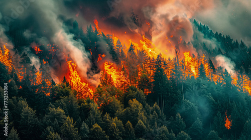  A forest is on fire, with flames and smoke rising from the trees. A large area of coniferous forest is burning in an aerial view. photo