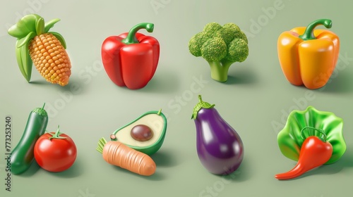 A modern cartoon icon set of vegetables and fruits. Includes peppers, corn, avocados, eggplants, broccoli, carrots, lettuce, and tomatoes.
