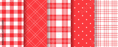 Tablecloth seamless pattern. Gingham red background. Picnic texture. Checkered table cloth. Vintage kitchen print. Set retro tartan wallpapers. Vector illustration. Napkin textile. Color plaid fabric.