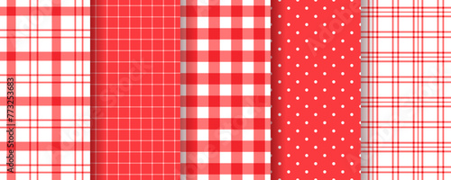 Table cloth pattern. Checkered plaid seamless background. Gingham buffalo red texture. Set retro tartan textile prints. Picnic kitchen backdrop. Geometric tablecloth simple design. Vector illustration