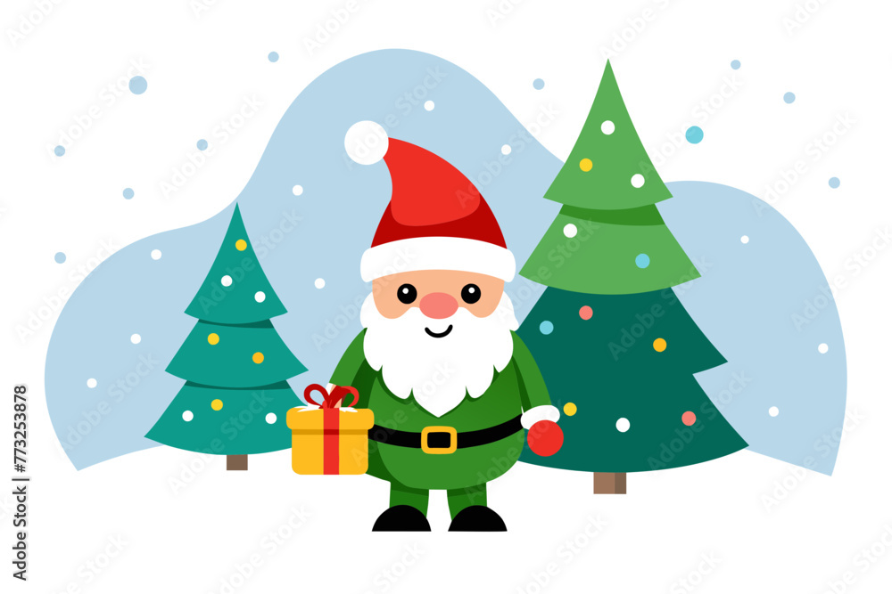 isolated on white clean background, cute smile young fat gnome on snowy January with gift and christ mas tree flad color isolated on white clean background, cute smile young fat gnome on snowy January with gift and christ mas tree flad color