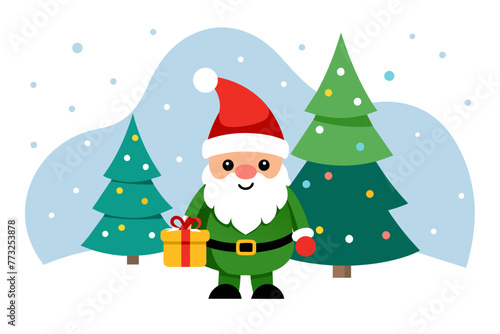 isolated on white clean background  cute smile young fat gnome on snowy January with gift and christ mas tree flad color