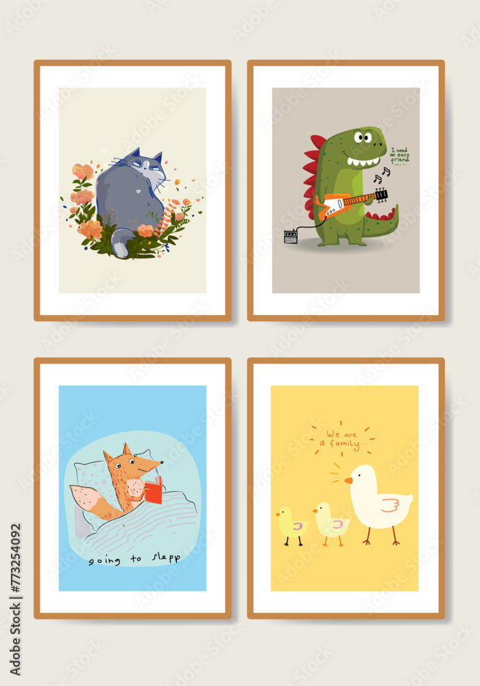 Cute cartoon animal hand drawn for kids poster and wall art vector illustration. Cute cartoon animal hand drawn for kids poster and wall art vector illustration.