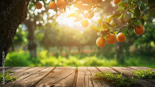 Fototapeta Naklejka Na Ścianę i Meble -  Garden with old wooden table and orange trees with fruits 