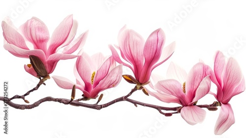 An isolated white background shows lovely pink spring magnolia flowers