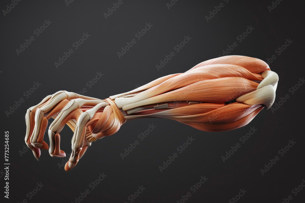 A close up of a human arm with muscles showing. The image is in black ...