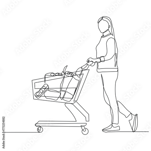 Continuous single line sketch drawing young happy woman pushing shopping trolley cart. One line retail shop mart market vector illustration	
