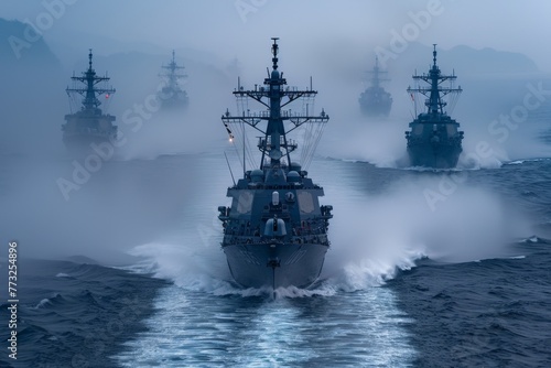 Combat landing ships are sailing at dawn