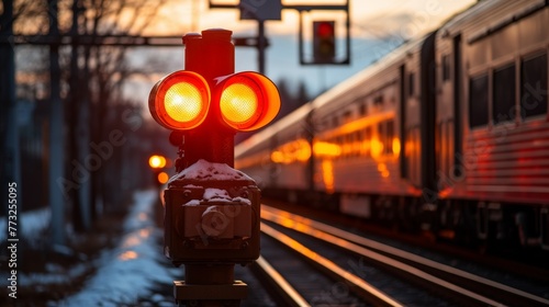Train signal light with an approaching train in the background