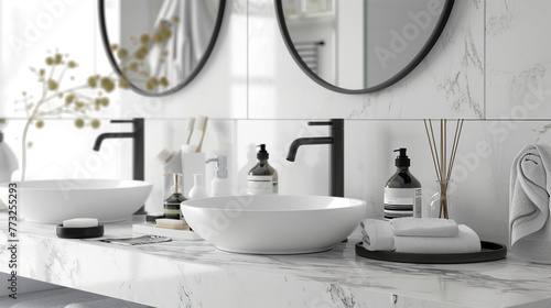 The timeless elegance of a white bathroom interior is highlighted by a marble countertop  offering copy space amidst carefully curated bathroom appliances  perfect for a distinguished product display.