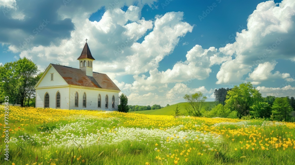 A rural church surrounded by fields of blooming wildflowers.