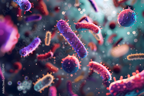 Closeup of group of bacteria on blue background. Abstract 3d background of microscopic floating bacteria with copy space. Microbiology and medicine. Dangerous disease strain, infection disease concept