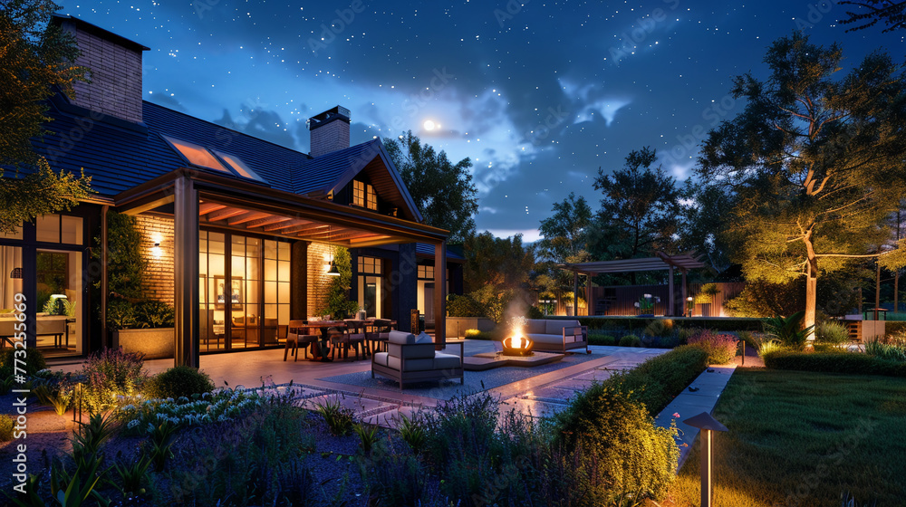 The warm glow of lights illuminates a suburban house's garden on a summer evening, with the patio offering a peaceful retreat under the starry sky. - obrazy, fototapety, plakaty 