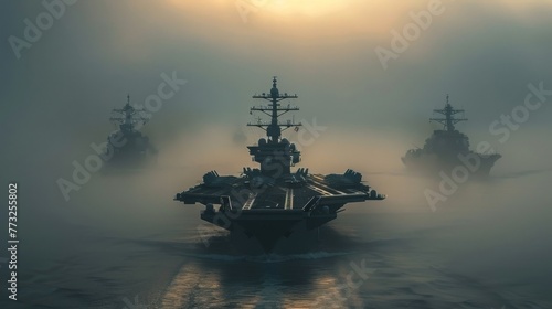 Aircraft carriers patrol the ocean at dawn